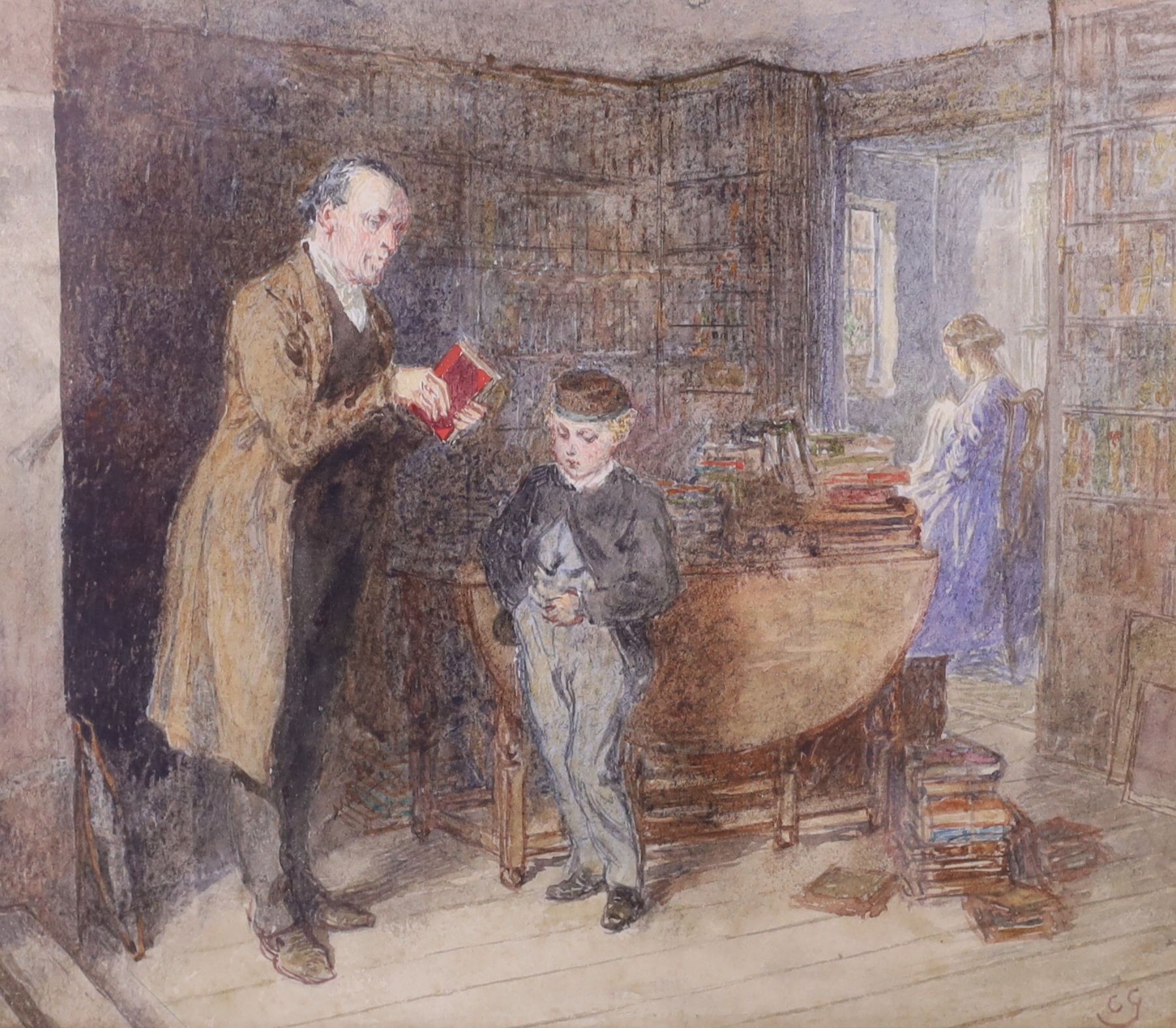 Charles Green R.I. (1840-1898) - watercolour, An Incident in the Life of J.J. Barratt, initialled, 15 x 17.5cm